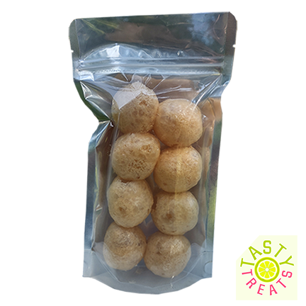 Package of freeze dried caramel puff candy