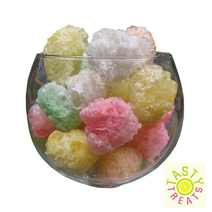 Freeze dried gummy bears in a glass bowl